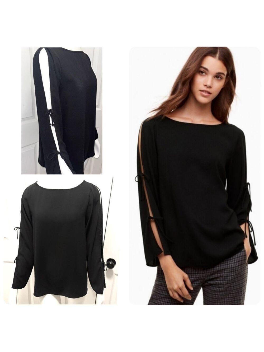 Aritzia WILFRED Pozzi Blouse Black Tie Sleeve Boatneck Top Size Medium